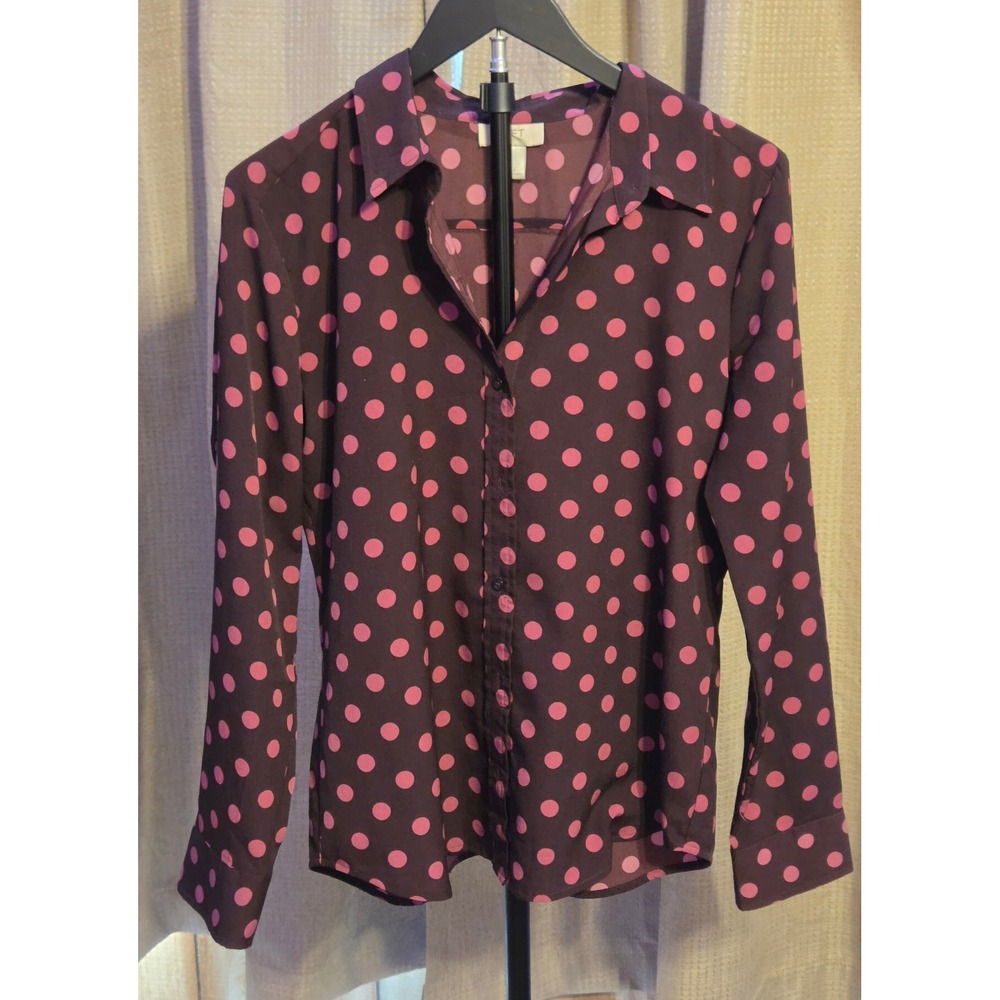 Ann Taylor Loft Button Up Blouse Women's‎ Size Medium Brown Pink Polka Dots